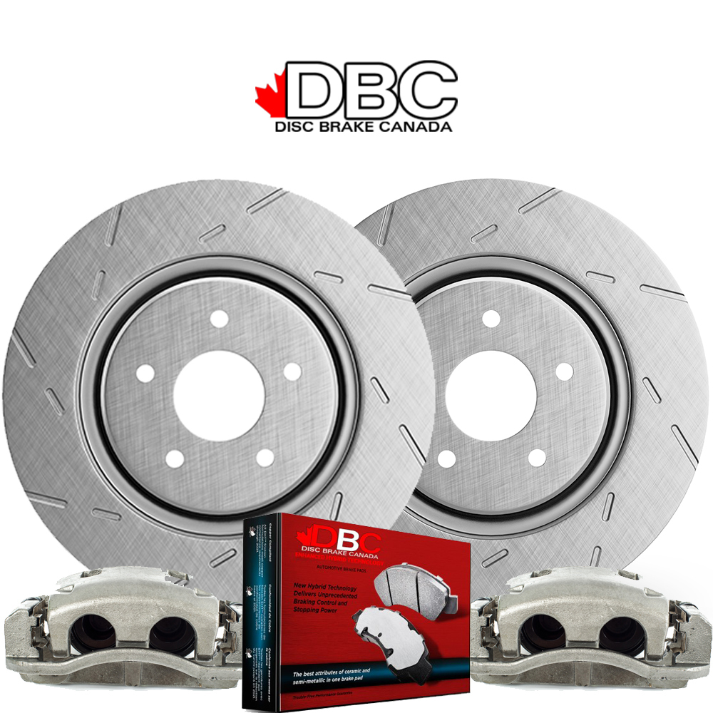 Front High Performance Slotted Silver GeoMet Koted Rotors and High Performance Carbon Brake Pads w/ HW Kit and 2 Brake Calipers SLG-60026001-CAL
