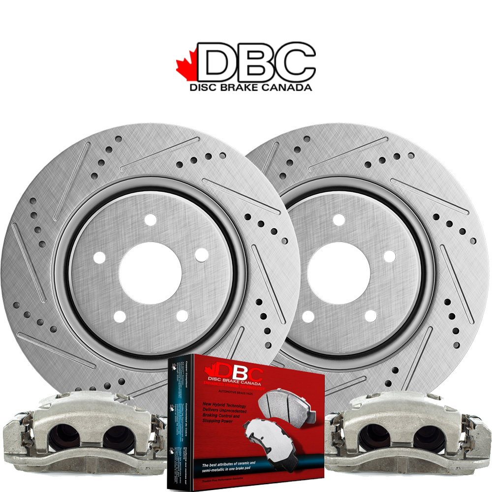 Front High Performance Cross Drilled and Slotted Silver GeoMet Koted Rotors and High Performance Carbon Brake Pads w/ HW Kit and 2 Brake Calipers SS-60054094-CAL