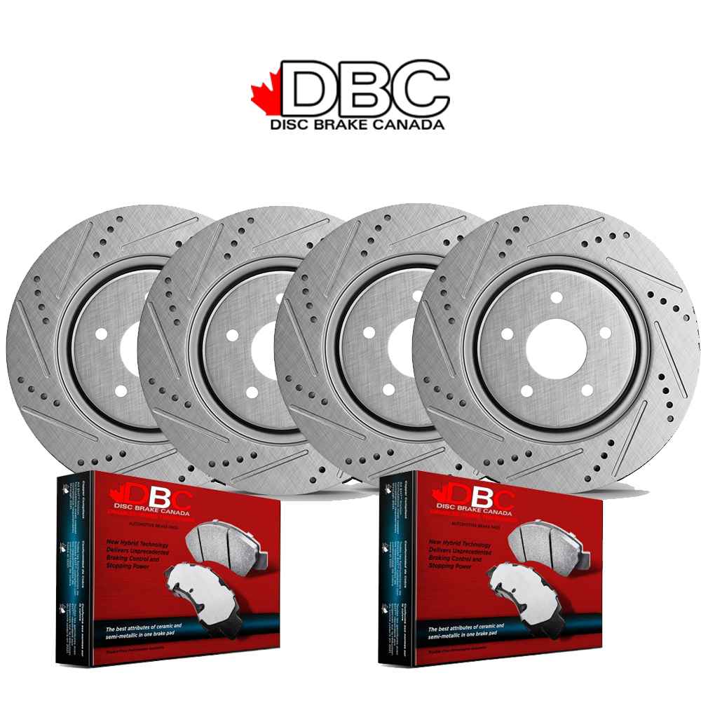 Front and Rear High Performance Cross Drilled and Slotted Silver GeoMet Koted Rotors and High Performance Carbon Brake Pads w/ HW Kit SS-60054094-K