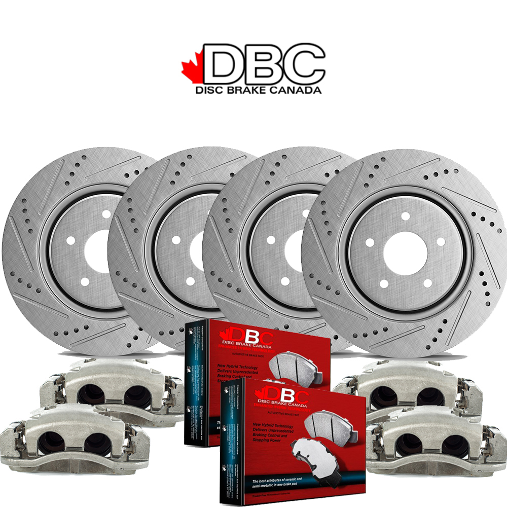 1 Click Brake Kit Front and Rear High Performance Cross Drilled and Slotted Silver GeoMet Koted Rotors and High Performance Carbon Brake Pads w/ HW Kit and 4 Brake Calipers SS-60054094-KCAL