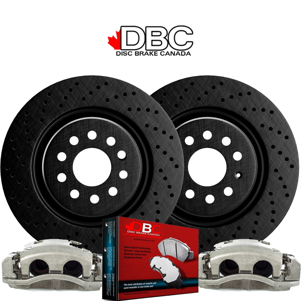 Front High Performance Cross Drilled Black Koted Rotors and High Performance Carbon Brake Pads w/ HW Kit and 2 Brake Calipers XDB-60040018-CAL