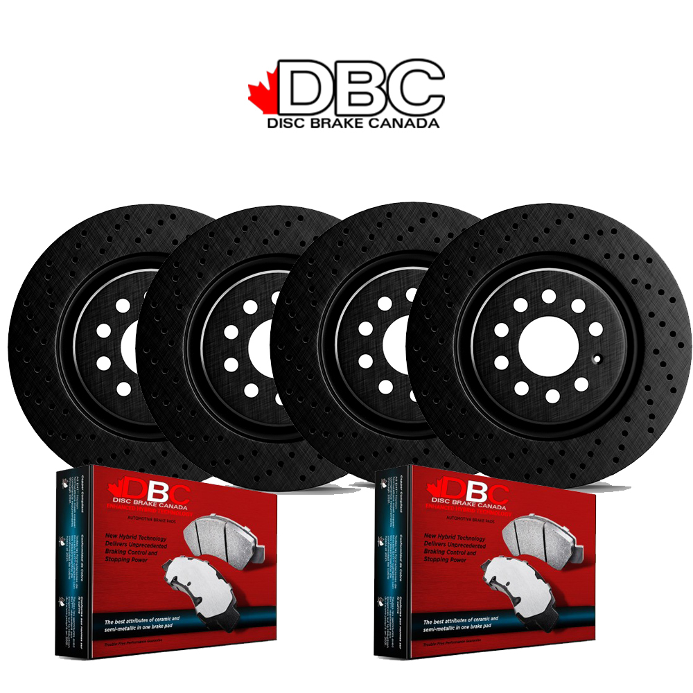 Front and Rear High Performance Cross Drilled Black Koted Rotors and High Performance Carbon Brake Pads w/ HW Kit XDB-60040018-K
