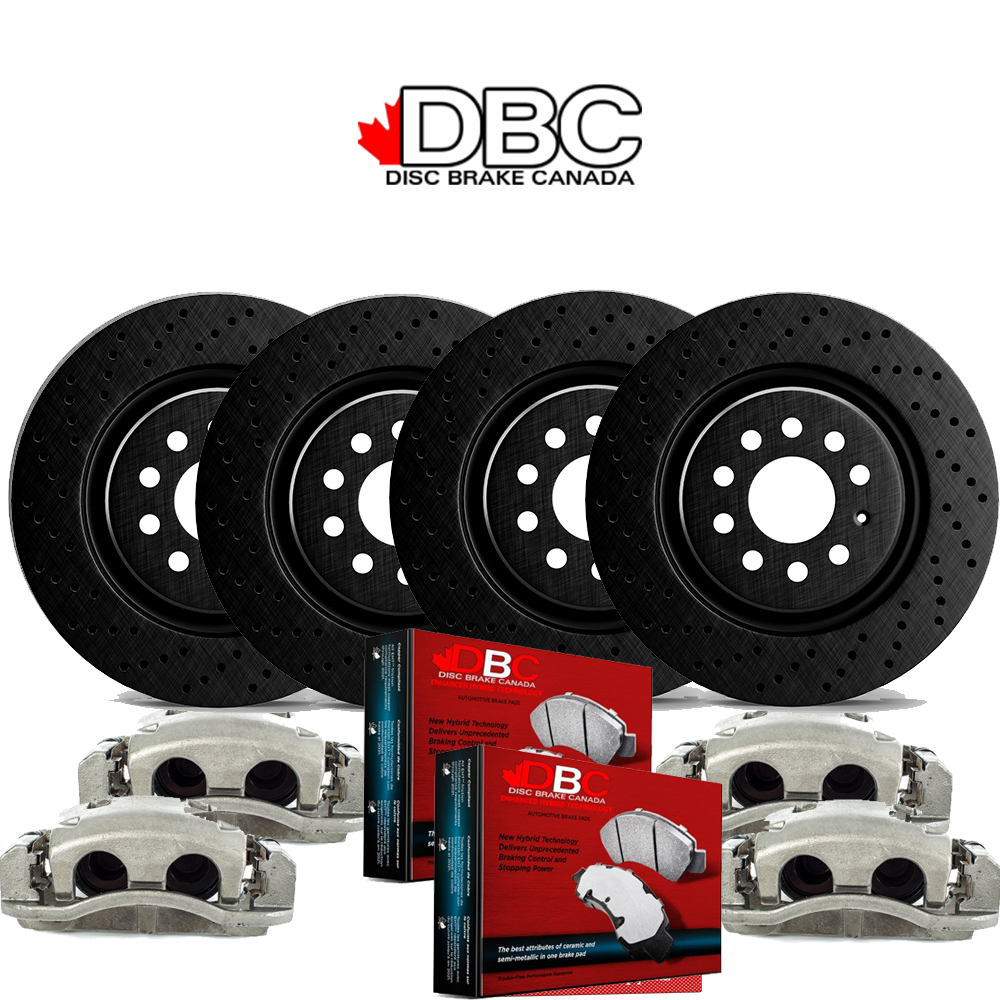 1 Click Brake Kit Front and Rear High Performance Cross Drilled Black Koted Rotors and High Performance Carbon Brake Pads w/ HW Kit and 4 Brake Calipers XDB-60040018-KCAL