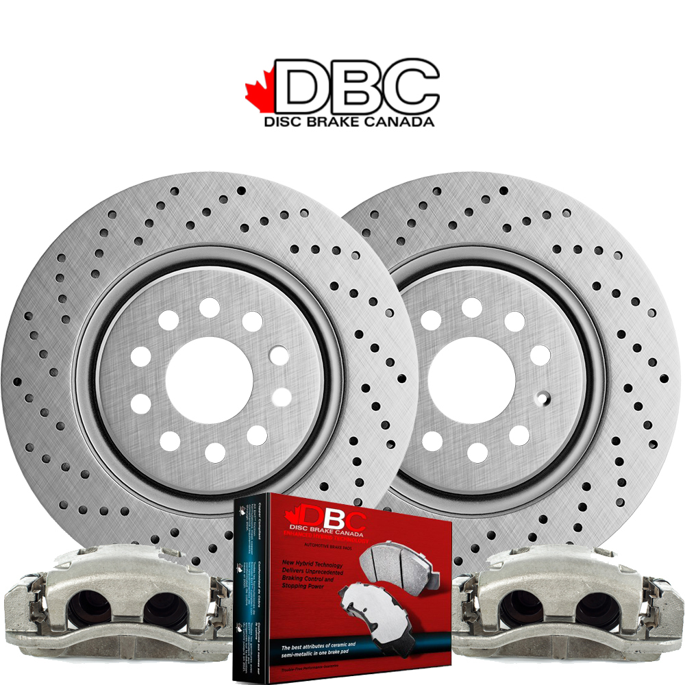 Front High Performance Cross Drilled Silver GeoMet Koted Rotors and High Performance Carbon Brake Pads w/ HW Kit and 2 Brake Calipers XDG-60054094-CAL