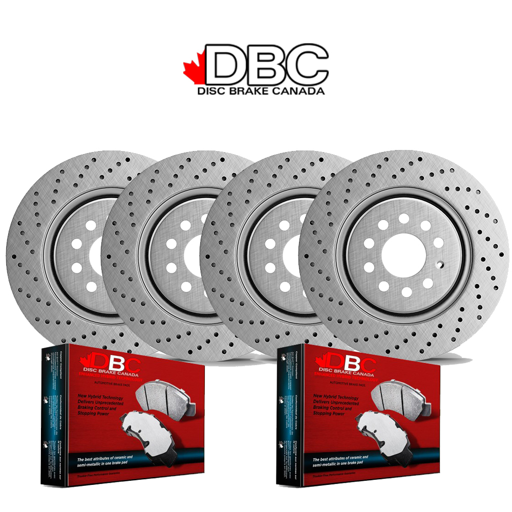 Front and Rear High Performance Cross Drilled Silver GeoMet Koted Rotors and High Performance Carbon Brake Pads w/ HW Kit XDG-60054094-K