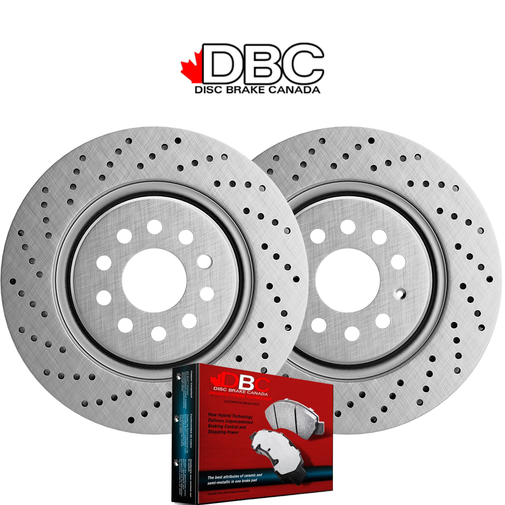 Front High Performance Cross Drilled Silver GeoMet Koted Rotors and High Performance Carbon Brake Pads w/ HW Kit XDG-60054094-R