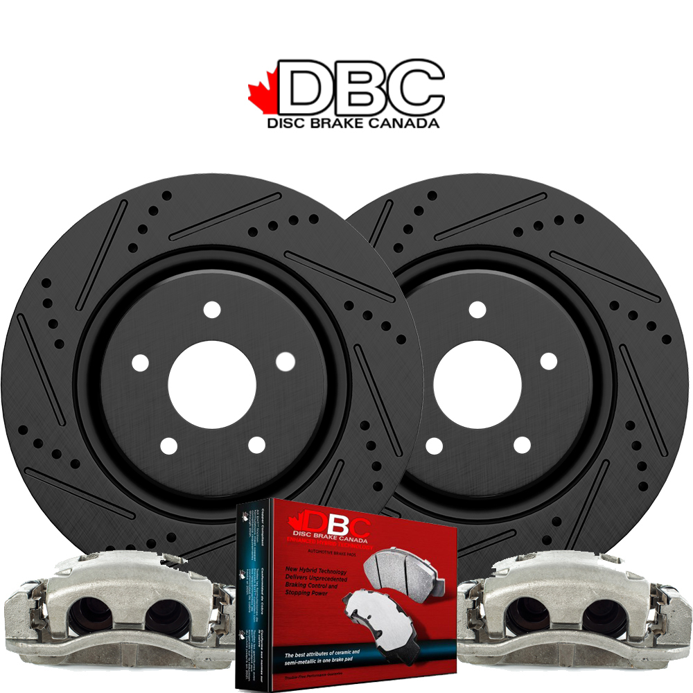 Front High Performance Cross Drilled and Slotted Black Koted Rotors and High Performance Carbon Brake Pads w/ HW Kit and 2 Brake Calipers XDS-60080050-CAL