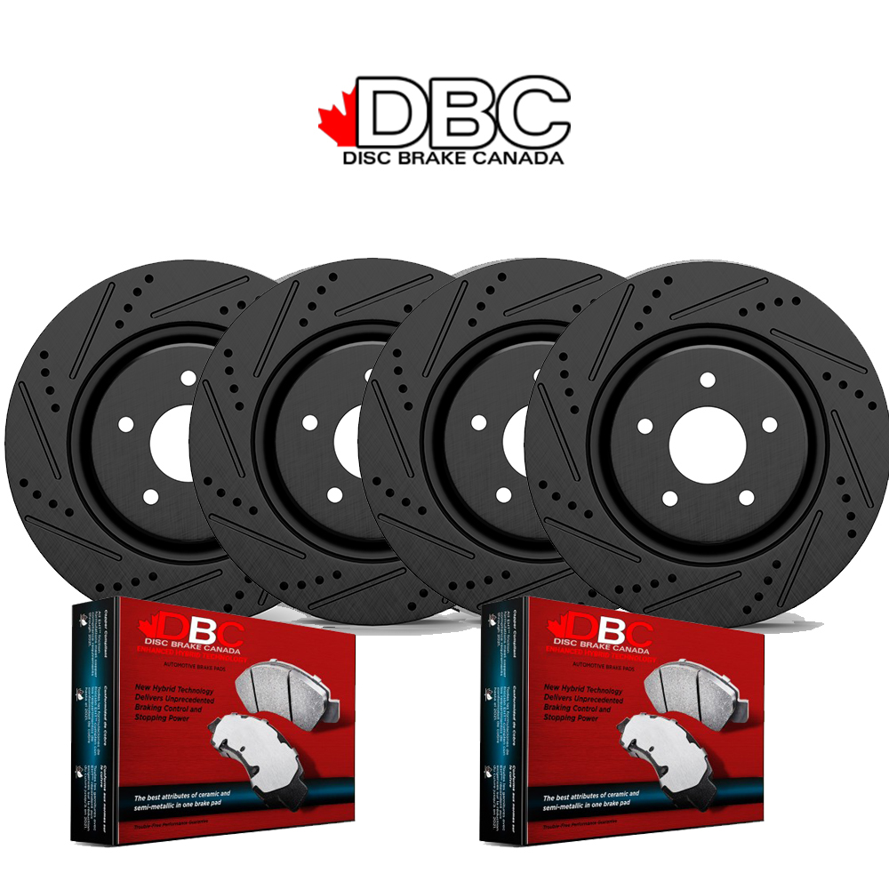 Front and Rear High Performance Cross Drilled and Slotted Black Koted Rotors and High Performance Carbon Brake Pads w/ HW Kit XDS-60080050-K