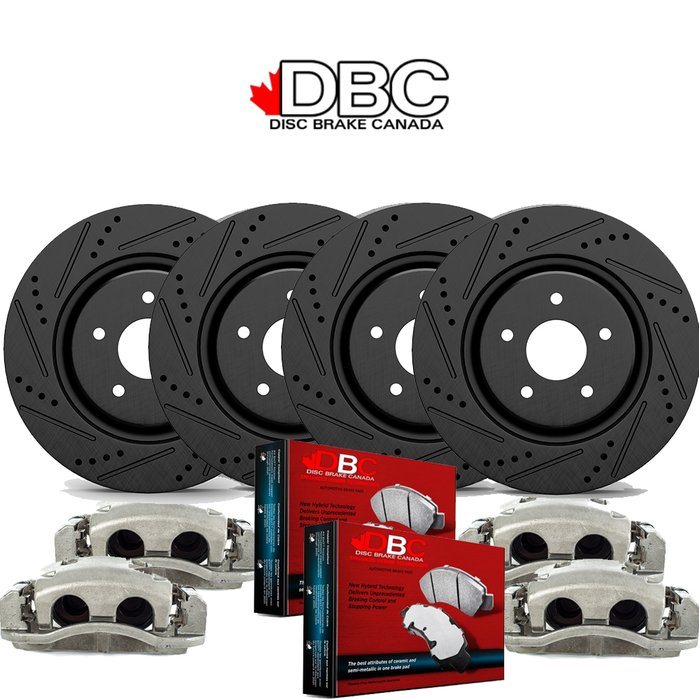 1 Click Brake Kit Front and Rear High Performance Cross Drilled and Slotted Black Koted Rotors and High Performance Carbon Brake Pads w/ HW Kit and 4 Brake Calipers XDS-60080050-KCAL