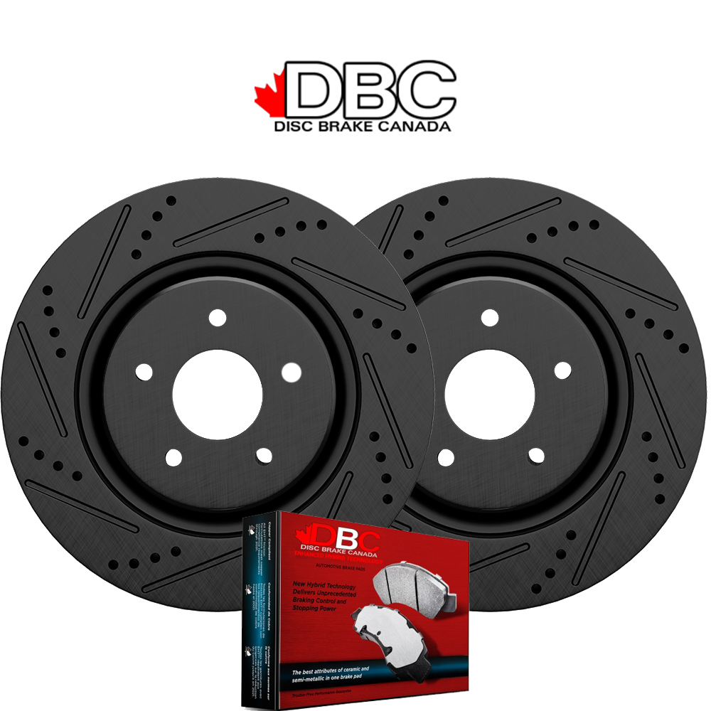 Front High Performance Cross Drilled and Slotted Black Koted Rotors and High Performance Carbon Brake Pads w/ HW Kit XDS-60080050-R