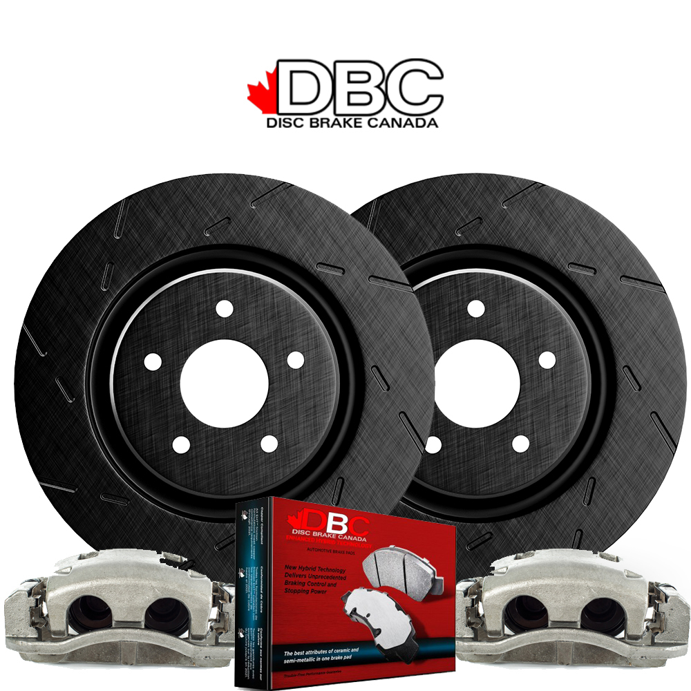 Front High Performance Slotted Black Koted Rotors and High Performance Carbon Brake Pads w/ HW Kit and 2 Brake Calipers -  SLB-12161053-CAL