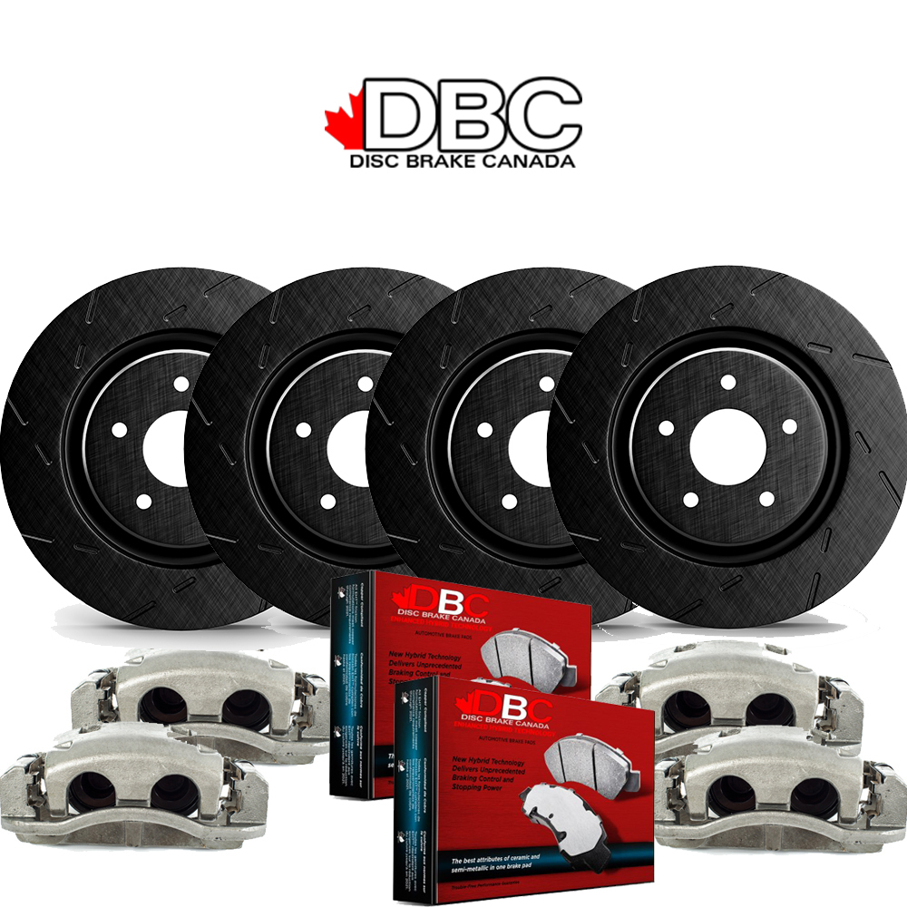 1 Click Brake Kit - Front and Rear High Performance  Slotted Black Koted Rotors and High Performance Carbon Brake Pads w/ HW Kit and 4 Brake Calipers -  SLB-12161053-KCAL