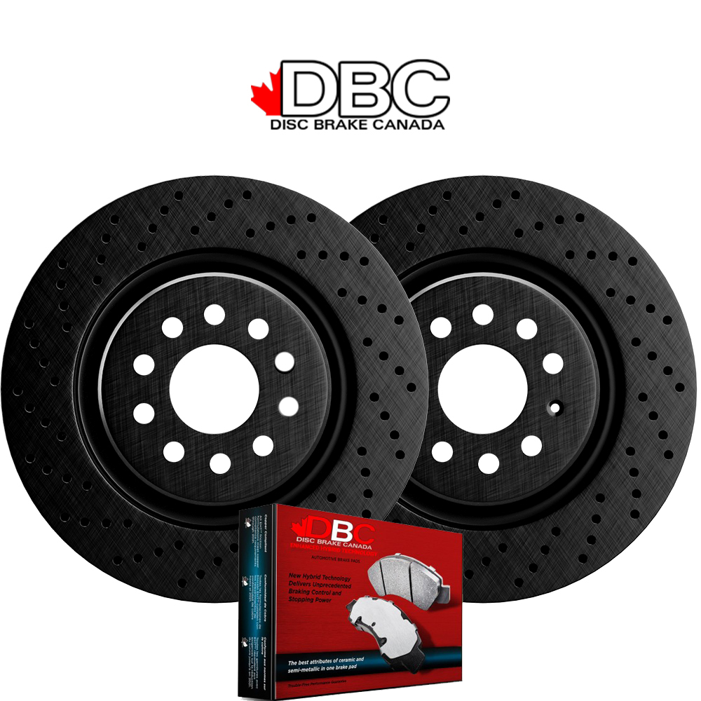 Front High Performance Cross Drilled Black Koted Rotors and High Performance Carbon Brake Pads w/ HW Kit -  XDB-12161053-R