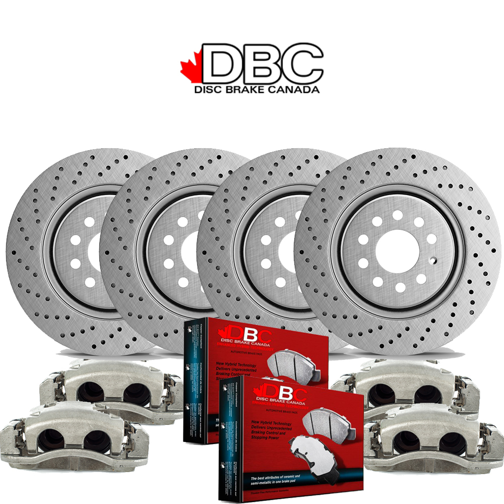 1 Click Brake Kit - Front and Rear High Performance Cross Drilled EVO GEOMET Koted Rotors and High Performance Carbon Brake Pads w/ HW Kit and 4 Brake Calipers -  XDG-60058001-KCAL