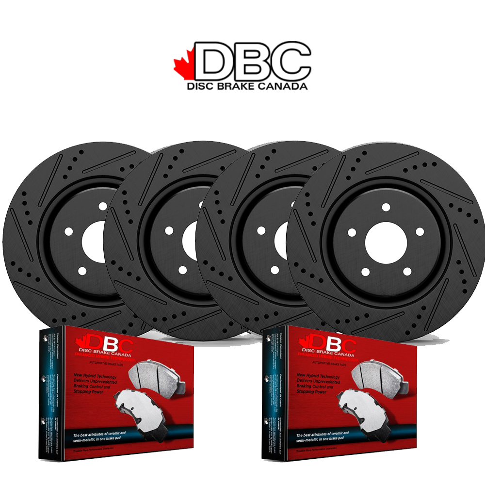 Front and Rear High Performance Cross Drilled and Slotted Black Koted Rotors and High Performance Carbon Brake Pads w/ HW Kit -  XDS-60059045-K